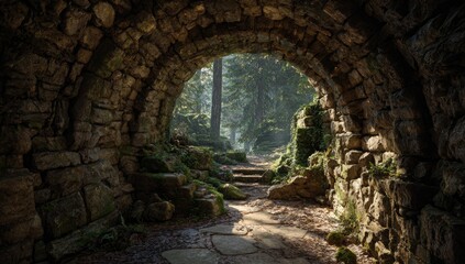 Obraz premium Stone archway, moss-covered, frames a sunlit forest path with stairs leading into a mystical woodland scene