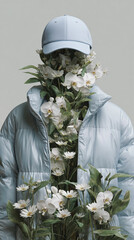 Conceptual person with puffer jacket and cap with flowers and leaves blending. For eco-fashion, sustainability campaigns, modern art, creative advertising, and environmental awareness visuals.