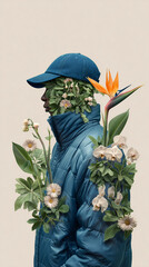 Conceptual person with puffer jacket and cap with flowers and leaves blending. For eco-fashion, sustainability campaigns, modern art, creative advertising, and environmental awareness visuals.