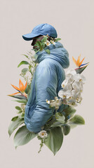Conceptual person with puffer jacket and cap with flowers and leaves blending. For eco-fashion, sustainability campaigns, modern art, creative advertising, and environmental awareness visuals.