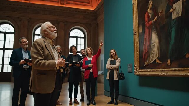 Art Appreciation: A group of art enthusiasts, with diverse backgrounds, admire a classic artwork in a museum, illustrating the passion for culture and artistic masterpieces.