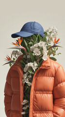 Conceptual person with puffer jacket and cap with flowers and leaves blending. For eco-fashion, sustainability campaigns, modern art, creative advertising, and environmental awareness visuals.