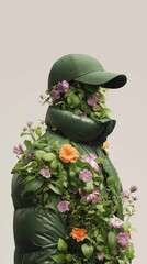 Conceptual person with puffer jacket and cap with flowers and leaves blending. For eco-fashion, sustainability campaigns, modern art, creative advertising, and environmental awareness visuals.