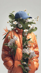 Conceptual person with puffer jacket and cap with flowers and leaves blending. For eco-fashion, sustainability campaigns, modern art, creative advertising, and environmental awareness visuals.