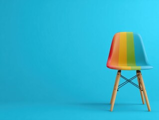 Colorful Modern Chair with Wooden Legs on Bright Blue Background