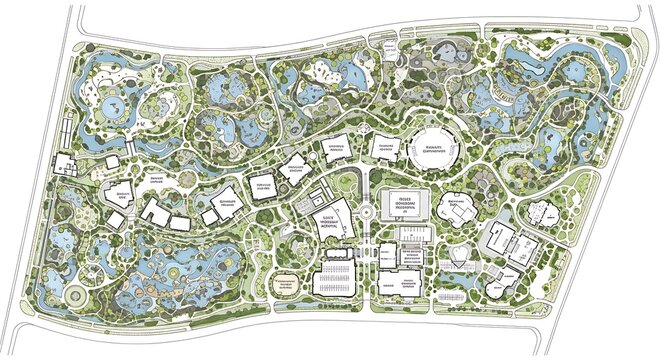 Aerial view of a park master plan with buildings, water bodies, and green spaces