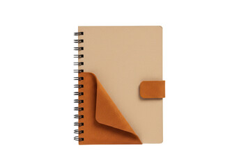 A light brown spiral bound notebook with a tan leather pocket and closure isolated on transparent background