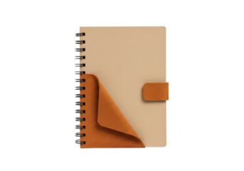 A light brown spiral bound notebook with a tan leather pocket and closure isolated on transparent background