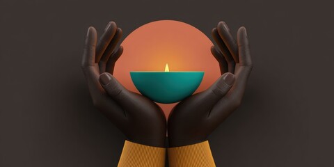Minimal illustration of two hands lighting a diya, flat warm colors (gold, red, teal), smooth gradients, clean composition. Diwali night celebration. Deepavali Hindu festival of lights. Diya lamp