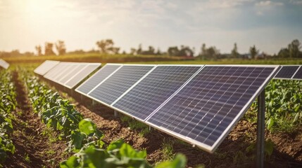 Solar panels installed in a field with crops growing beneath them on a sunny day with a clear sky