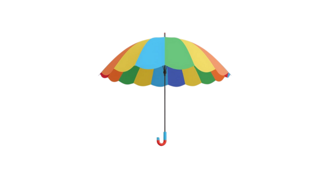 Rainbow Umbrella Render: Features vibrant colors, playful design, and transparent background for social media graphics and children's design.