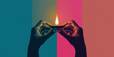 Minimal illustration of two hands lighting a diya, flat warm colors (gold, red, teal), smooth gradients, clean composition. Diwali night celebration. Deepavali Hindu festival of lights. Diya lamp