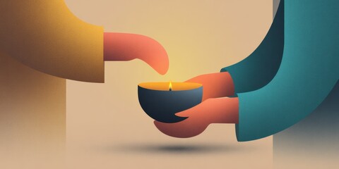 Minimal illustration of two hands lighting a diya, flat warm colors (gold, red, teal), smooth gradients, clean composition. Diwali night celebration. Deepavali Hindu festival of lights. Diya lamp