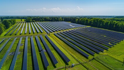An aerial view of a vast solar farm, rows of photovoltaic panels stretching across a verdant landscape under a bright sky