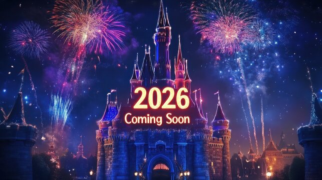 A magical castle with fireworks and the year coming soon announcement in the night sky above it