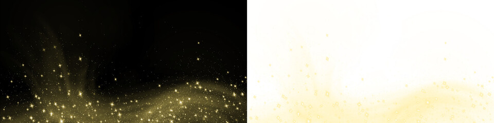Elegant gold glitter overlay on black and white backgrounds, creating a stunning visual effect for design projects, invitations, and festive celebrations with copy space