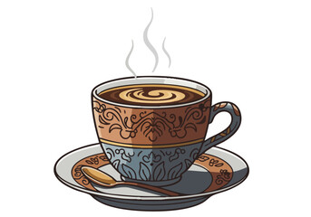 beautifully illustrated cup of coffee with a decorative plate evoking a Bali-inspired aesthetic Warm tones and intricate patterns create a visually appealing and inviting image