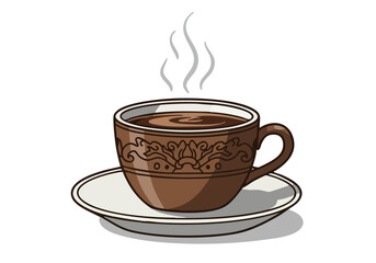 A beautifully illustrated cup of coffee with steam, presented on a decorative plate.  Features a Bali-inspired design. Perfect for branding, social media, or design projects.