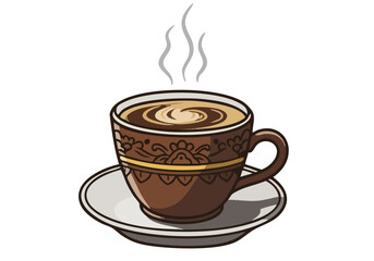 beautifully illustrated cup of coffee with steam presented on a saucer  A charming Bali symbol adds a cultural touch Perfect for branding advertising or decorative designs