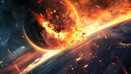A fiery celestial body collides with a planet, engulfing it in flames and debris, creating a cataclysmic scene of destruction and cosmic chaos