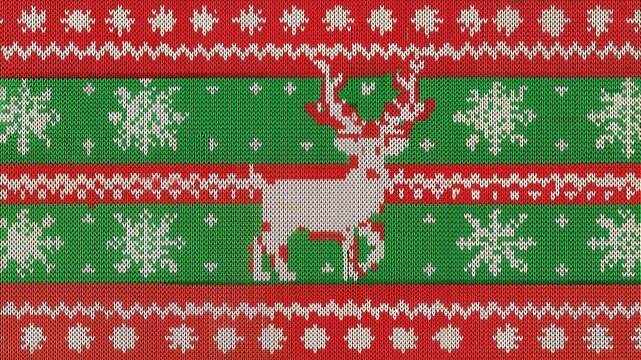 Christmas sweater pattern featuring reindeer and snowflakes, festive design, colorful knitted texture background