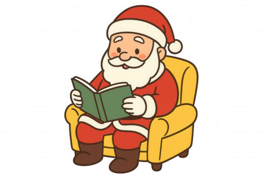 Santa claus character sitting in armchair reading book, preparing for christmas holiday, cartoon illustration - Powered by Adobe