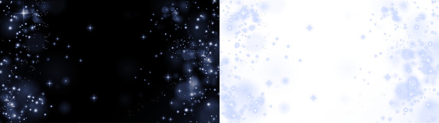 Sparkling bokeh overlay with shimmering light effects on dark and white backgrounds, ideal for creative design projects and enhancing visual storytelling with copy space