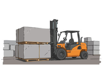 Forklift lifts concrete blocks, conveying a sense of legacy and strength. Bold colors and clear composition create a powerful visual.
