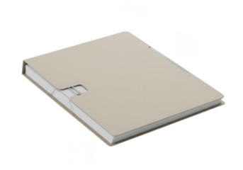 A closed light beige colored binder with a silver clip is isolated on transparent background