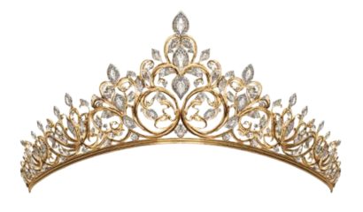 a realistic illustration of an elegant gold tiara with intricate designs and diamonds, set against a white background