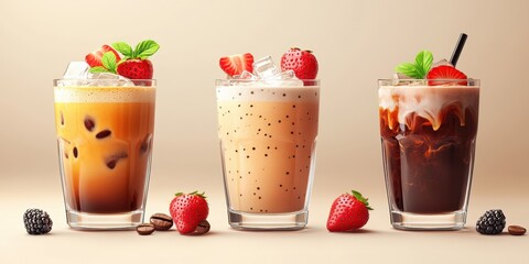 Delicious iced coffee drinks with strawberries and mint on a neutral background during the afternoon