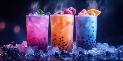 Colorful bubble tea drinks on ice with fruits and mint creating a refreshing summer vibe