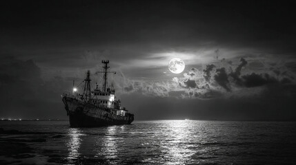 Obraz premium A grayscale image of a ship at sea under a full moon at night time.