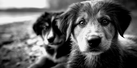 Playful puppies resting by the riverbank in black and white