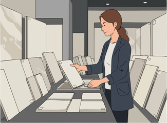 A professional woman examines tile samples in a showroom. She?s thoughtfully selecting a slab, showcasing a modern design choice. Clean, bright setting.