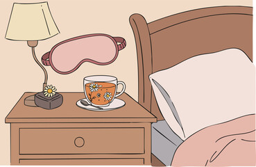 Relax and rejuvenate! A serene scene featuring a bedside table with a cup of tea, eye mask, and flower. Perfect for promoting wellness and self-care.  'Rest the Renewal'.