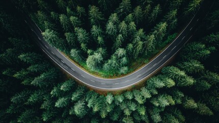 aerial. Aerial view of a serene forest road winding through lush greenery under natural daylight. travel magazines, destination branding, designed for travel destination branding.