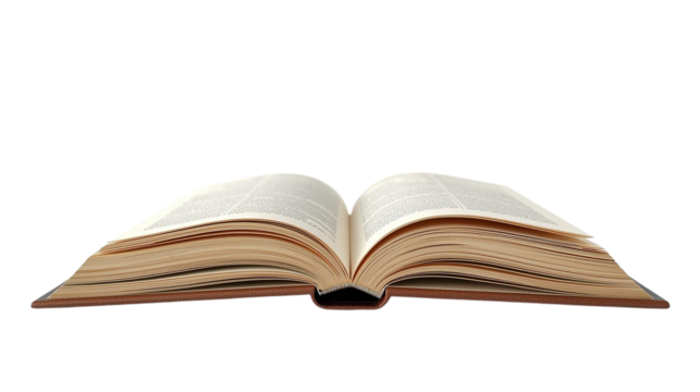Brown open book shows paper texture. Use for education, publishing, and e-learning materials. Isolated PNG and transparent background.