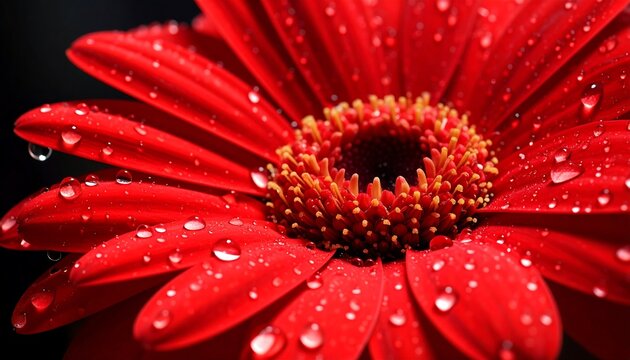 Close-up of a vibrant red gerbera daisy with water droplets