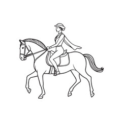 Black and white line art of a beautiful woman with perfect body riding horse elegant minimalist illustration