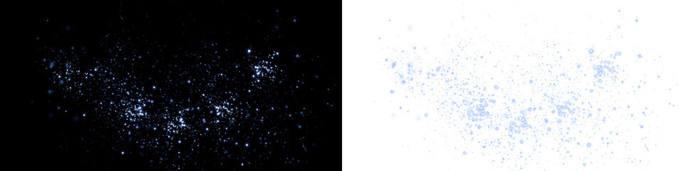 Abstract blue and white glittering particles overlay on black and white backgrounds, creating a...