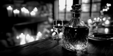 Elegant glass decanter with whiskey on a candlelit table