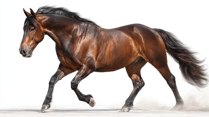 Brown horse running gracefully across a sandy area during daylight hours in a dramatic pose