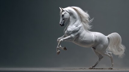 Majestic white horse rearing in a dimly lit studio space showcasing strength and grace in a striking pose
