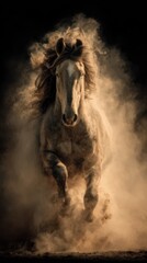 Galloping horse emerges from dust at sunset in a dramatic display of strength and beauty