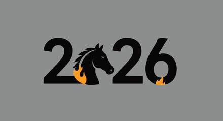 Modern graphic design of 2026 year text with horse icon and fire elements in black, orange, and gray, representing the New Year and Chinese zodiac Fire Horse