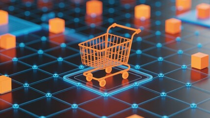Online Shopping Cart Illustration: The scene depicts a shopping cart, illuminated against a background of digital connections and abstract geometric elements.