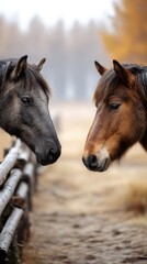 Horses engage in a quiet moment near a wooden fence in a tranquil autumn landscape