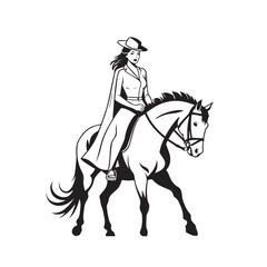 Black and white line art of a beautiful woman with perfect body riding horse elegant minimalist illustration