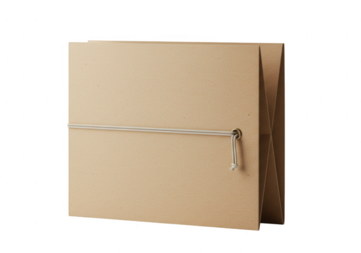 A vintage kraft paper album with a string tie closure and metal clasp isolated on transparent background